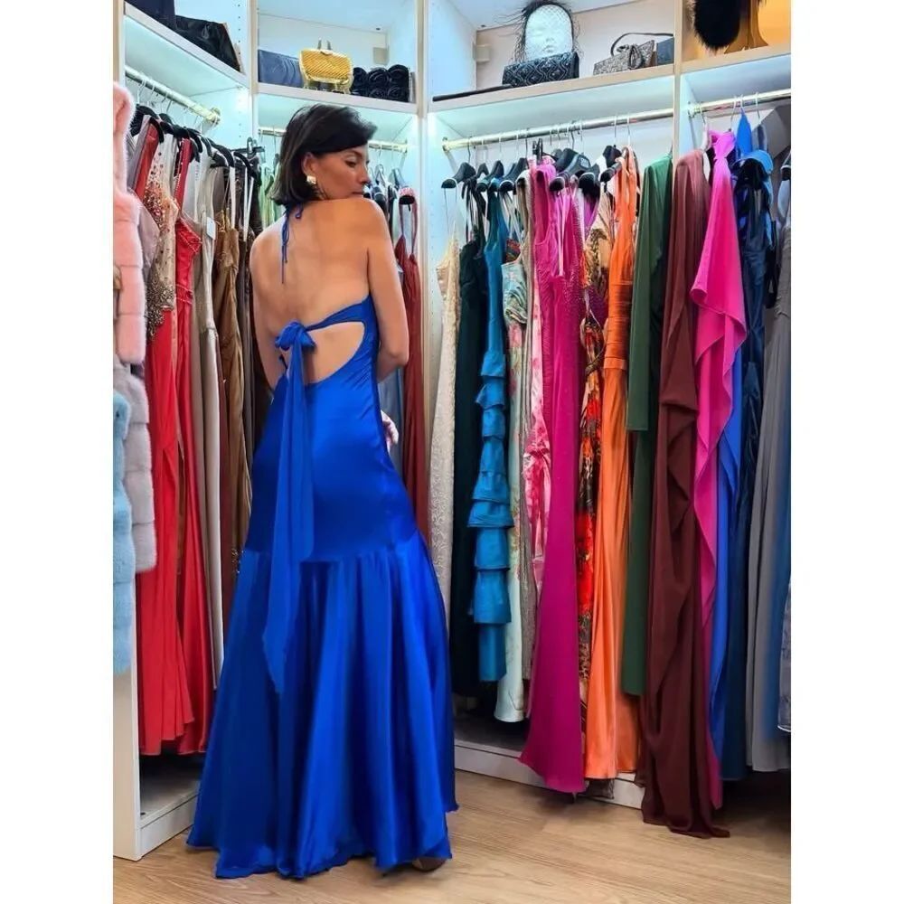 Cache Vintage Cobalt Blue Liquid Silk Halter Fishtail Maxi Gown - Picture 4 of 16